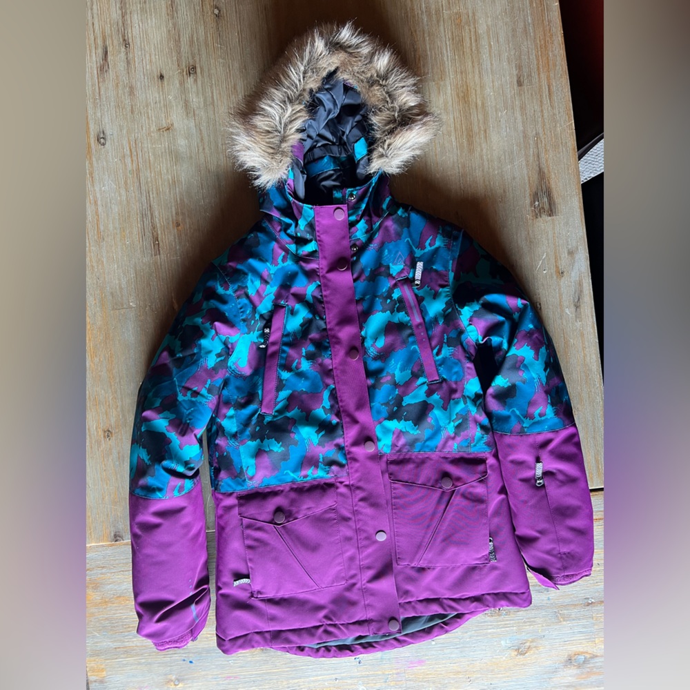 Kids Purple and Blue Camouflage Ski Winter Jacket - Picture 1 of 5